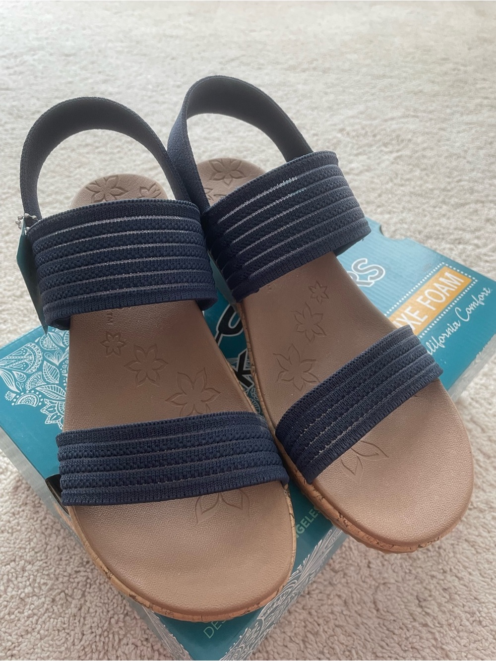 Skechers Cali Navy Elastic Strap Wedge Sandals with Cork-Look Sole - Picture 2 of 3